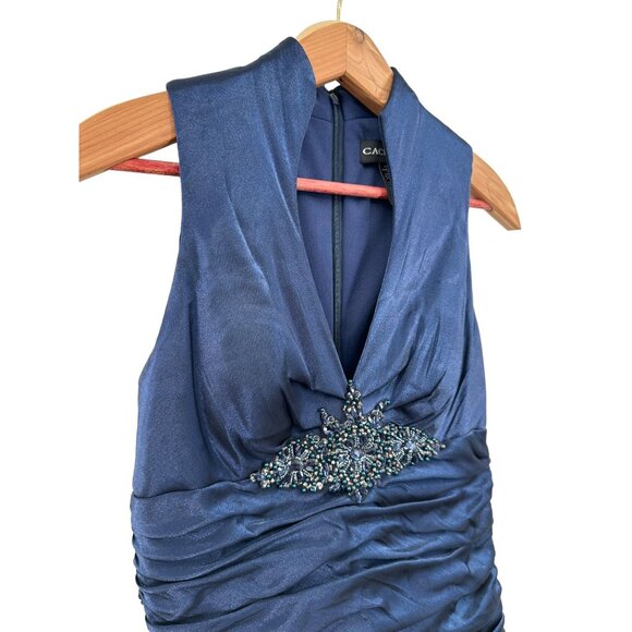 Cachet Ruched Blue Sleeveless Shimmer Party Cocktail V-Neck Embellished Dress 6 - Picture 3 of 6